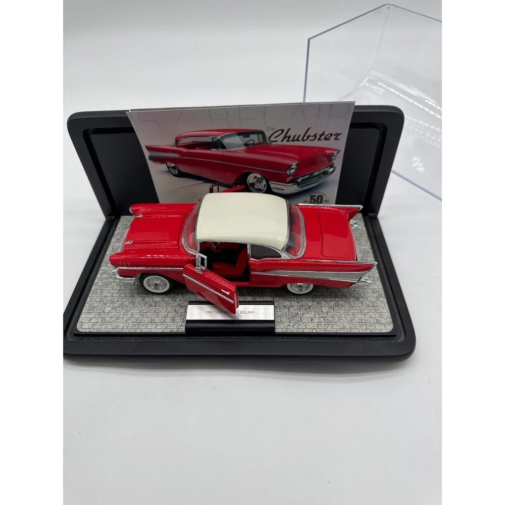 1957 chevy 2 dr. Belair hardtop,‎ red franklin mint with tag.